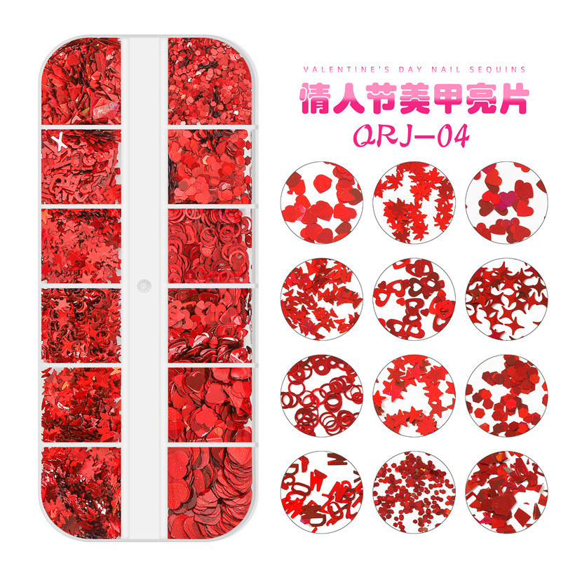 Transfronterizo nuevo día de San Valentín lentejuelas de uñas 12-rejilla caja larga corazón labio letras lentejuelas de uñas Decoración