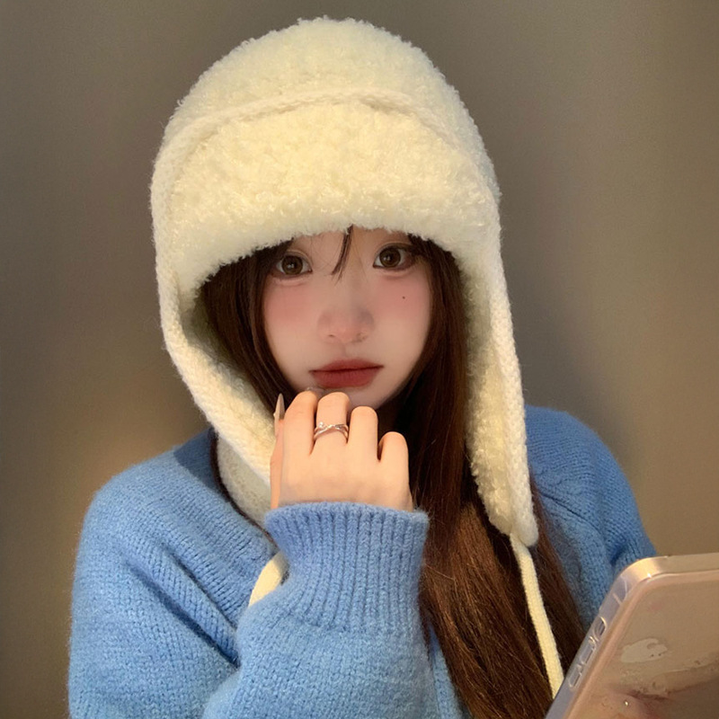 韩系氛围感羊羔毛雷锋帽女冬季加厚保暖防寒针织护耳帽飞行帽子潮|undefined