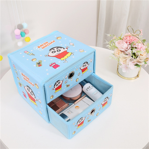 New cartoon double-layer PU round hole storage box office bedroom desktop drawer-type foldable storage box