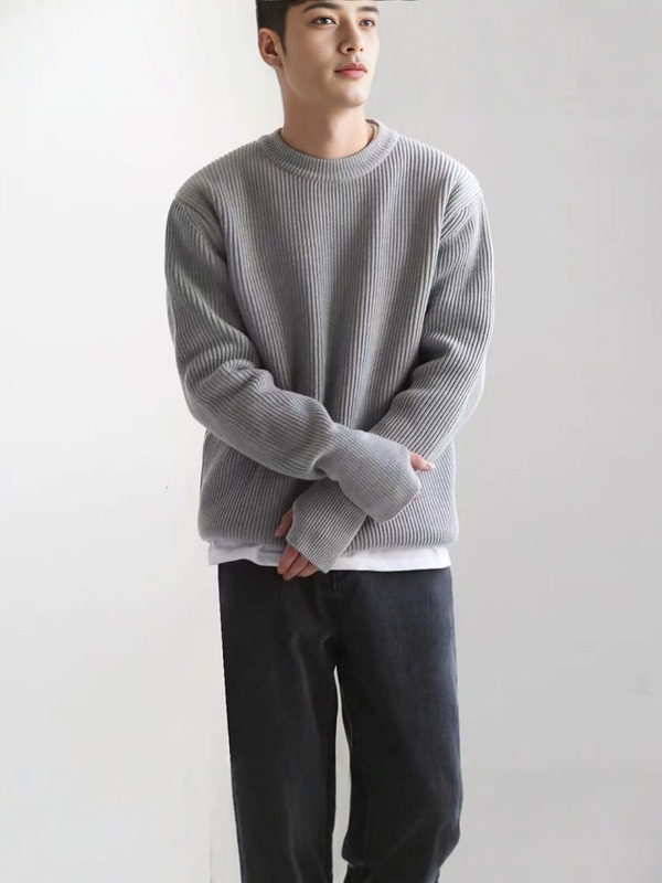 马家四角秋冬男士宽松圆领针织衫纯色保暖休闲英伦毛衣外贸衣服|undefined