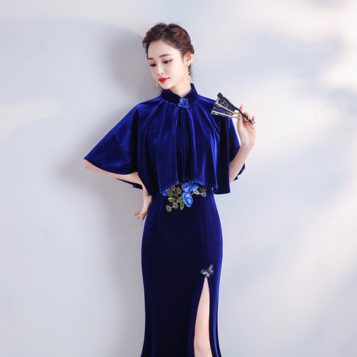Royal blue velvet Chinese dress costumes long velvet high-end women cultivate morality improvement fishtail Chinese wind conference show thin qipao cheongsam dress