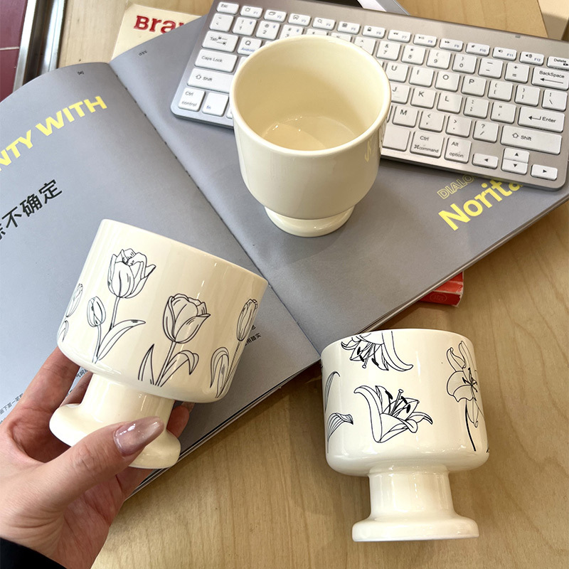Taza de aromaterapia de cerámica de lirio personalizada Taza de nicho en blanco y negro Té de la tarde Taza de helado de yogur de café