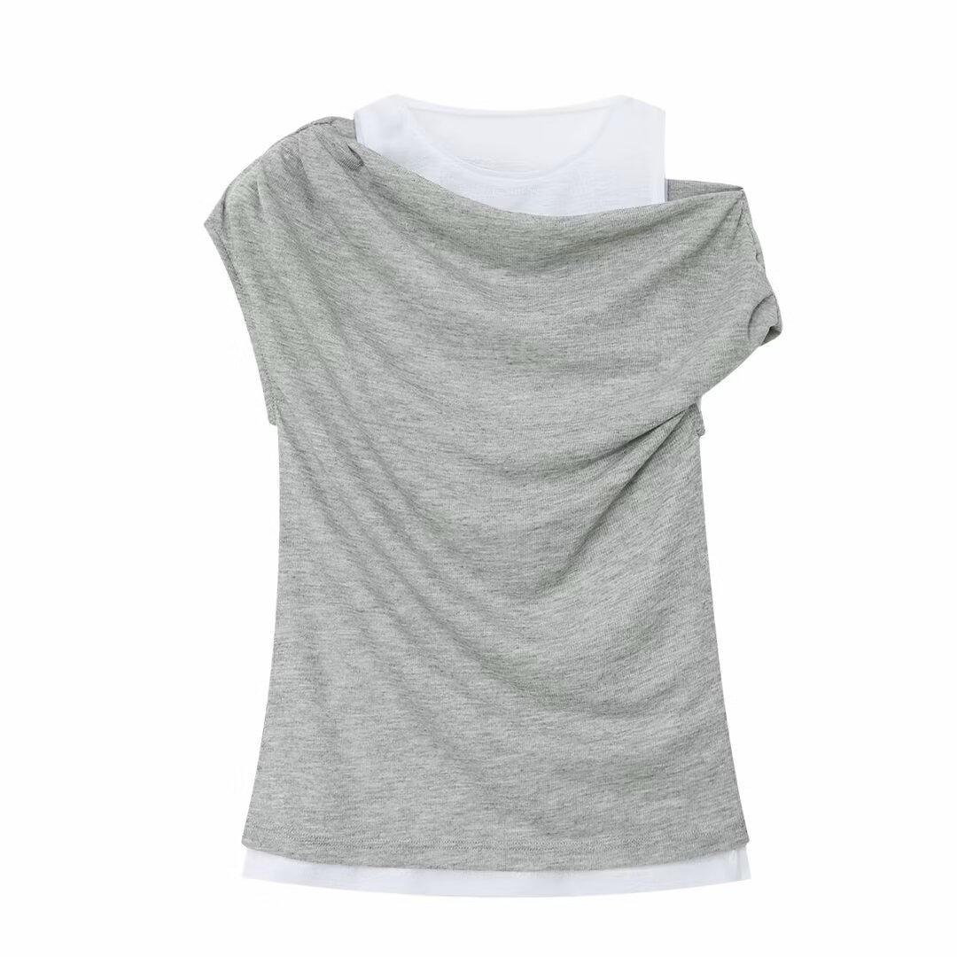 Women's Clothing Women's Casual Double Layer Asymmetrical Round Neck Sleeveless T-Shirt Summer For Formal & Casual For Women_ecoleips.com