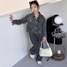 2025儿童春秋韩版新款牛仔两件套外贸女童跨境烫钻毛边长袖套装