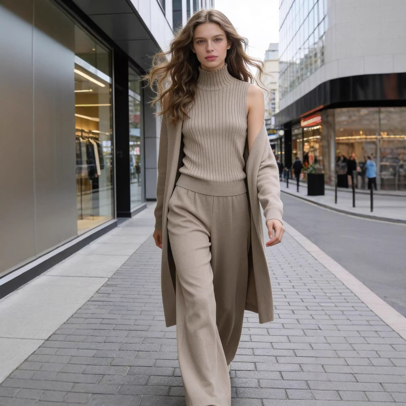 Cross-Border Temu Hot-Selling Solid Color Three-Piece Knit Set: Sleeveless Vest + Cardigan + Pants Three-Piece Set for Women Cross-Border Temu Hot-Selling Solid Color Three-Piece Knit Set: Sleeveless Vest + Cardigan + Pants Three-Piece Set for Women
