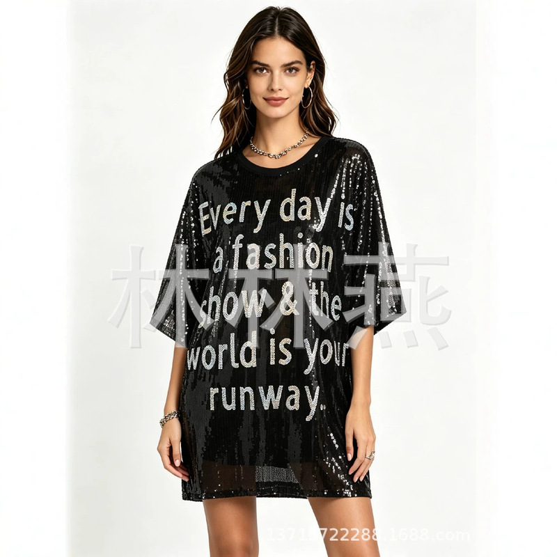 Cross-Border Hot-Selling Letter Sequin T-Shirt, Personalized Slogan Mid-Length Top, Loose Round-Neck Sequin T-Shirt