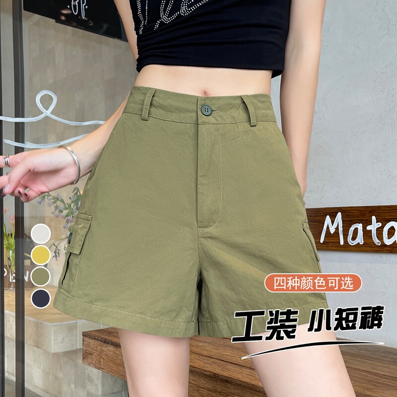 2026 Summer New Military Green Washed Cotton Workwear High-Waisted Straight Shorts for Women, Petite Size, Casual and Versatile