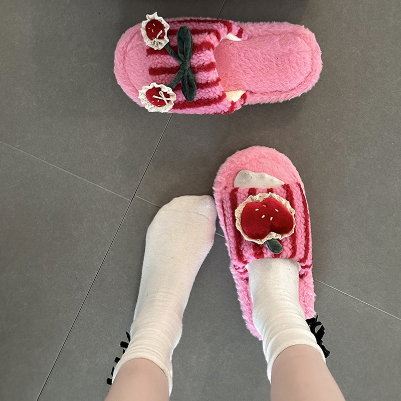小众条纹殷桃配饰平底毛毛拖鞋秋冬季可爱卡通女生一字棉拖鞋潮鞋|undefined