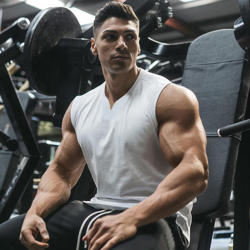 Tablero de luz de comercio exterior color sólido verano pequeño cuello en v chaleco deportivo culturismo de los hombres fitness camiseta sin mangas correr entrenamiento superior algodón