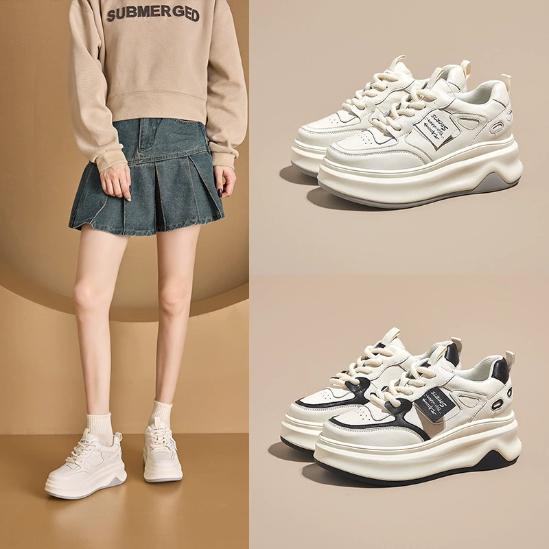 Осень 2023 г. Новые повседневные универсальные белые туфли из натуральной кожи, увеличивающие внутреннюю высоту, Женская Студенческая обувь на толстой подошве, женская обувь на шнуровке