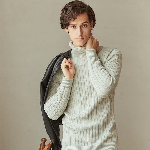 Men's Outerwear Twist Print Large Knit Sweater Stylish Men's Korean Version Tall Collar Sweater Youth Base Shirt