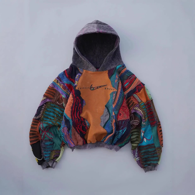 2026 European and American Retro Patchwork Embroidered Hooded Sweatshirt with Vintage Wash and Colorful Patches, Trendy Brand Loose Pullover Hoodie