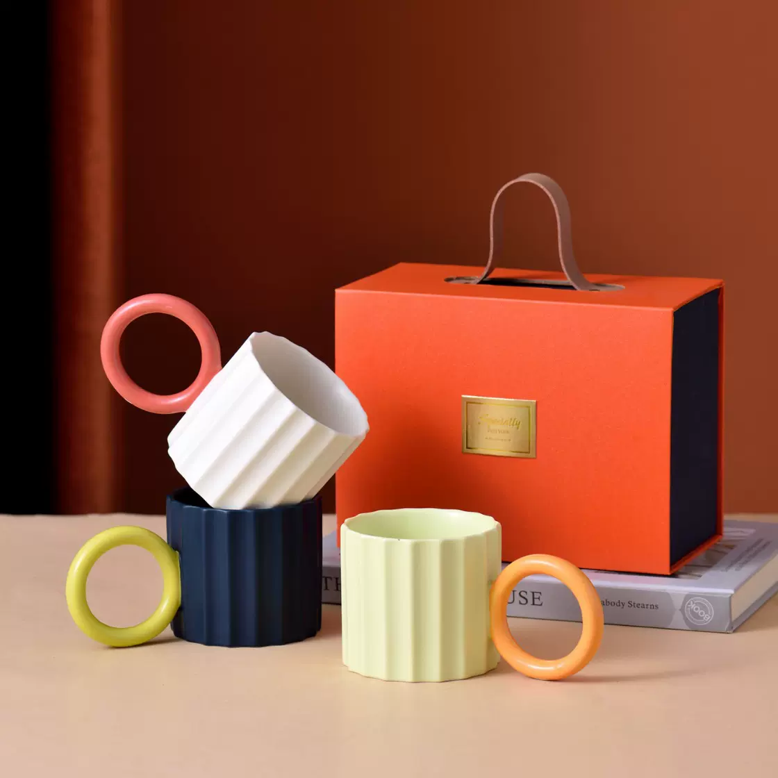 拼色环立大耳杯陶瓷水杯现代简约马克杯陶瓷杯办公咖啡杯简约色釉