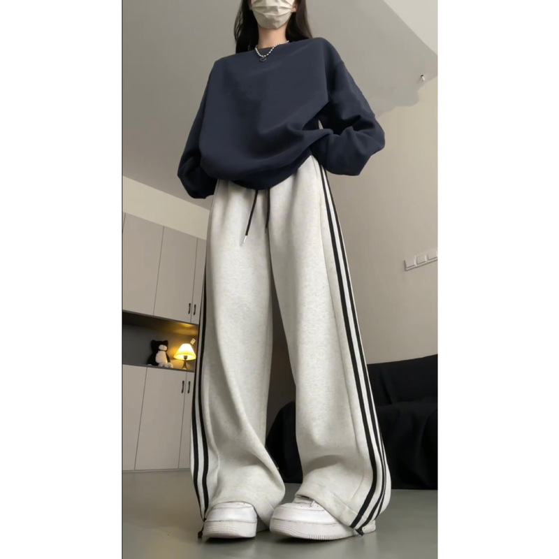 175 Tall Long 180 Off-white Striped Sports Pants Women's Autumn and Winter fleece-lined Three-bar Casual Wide-leg Pants