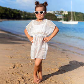 欧美亲子儿童防晒衫纯色圆领收腰系带针织镂空沙滩比基尼泳衣罩衫