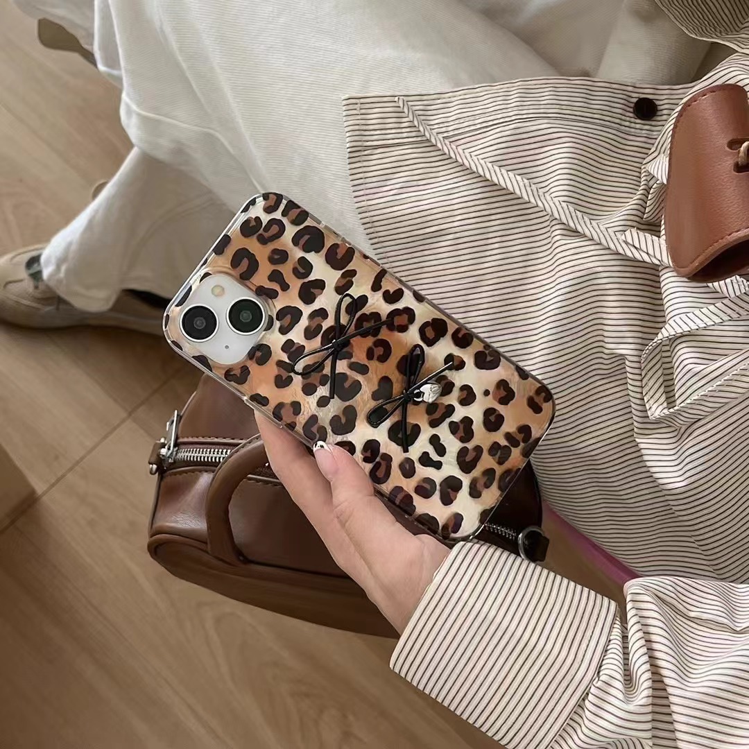 Chicas calientes con lazo de leopardo para iPhone14 Apple 16ProMax funda para teléfono móvil 15P nuevo 13 doble capa