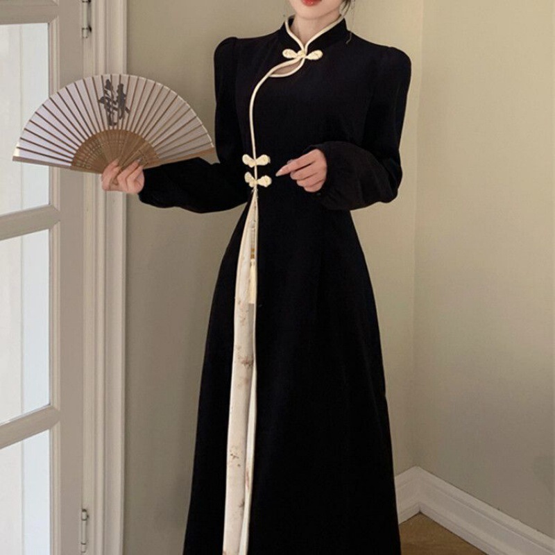 Plus Size Oriental Ink New Chinese Style Retro National Style Improved Cheongsam Temperament Jacquard Long-Sleeved Waist Dress