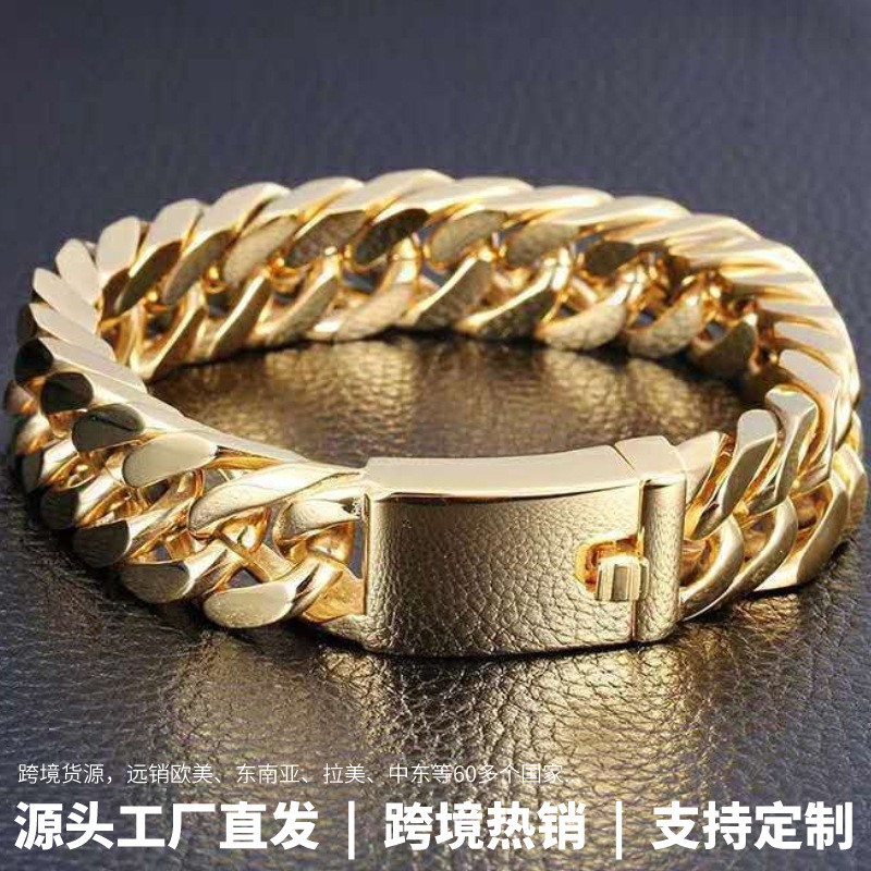 European and American Fashionable Gold-Plated 10mm Bracelet, Personalized and Domineering Men's Electroplated Alloy Double Buckle Trendyy and Atmospheric Bracelet