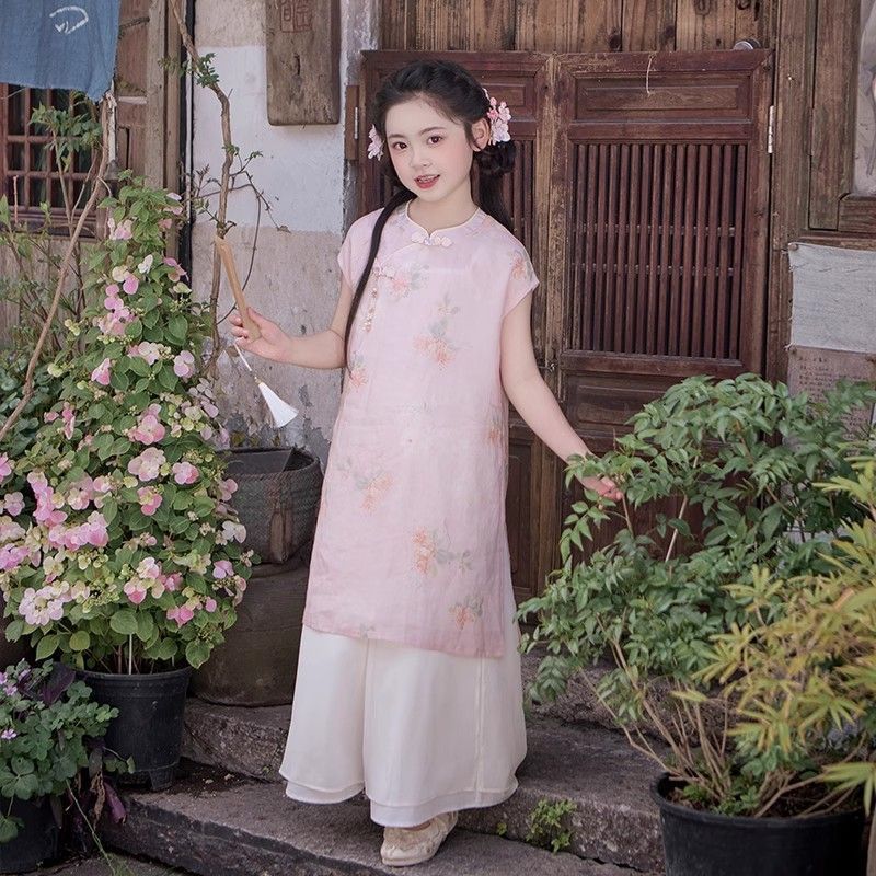 中国風チャイナドレス女の子 2025 スカート新しい子供の夏中国風漢服チャイナドレスドレス|undefined