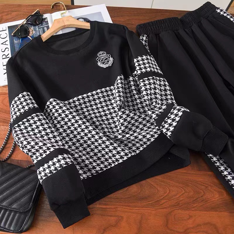 Vêtements pour femmes rétro pied-de-poule couture col rond lâche tricoté mode pantalon de sport décontracté costume deux pièces pour femmes_voghion.com