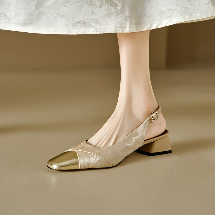 Sandal bít mũi nữ da bò phối màu gót thô 5 cm — Màu xanh lá, Màu mơ chi tiết 50