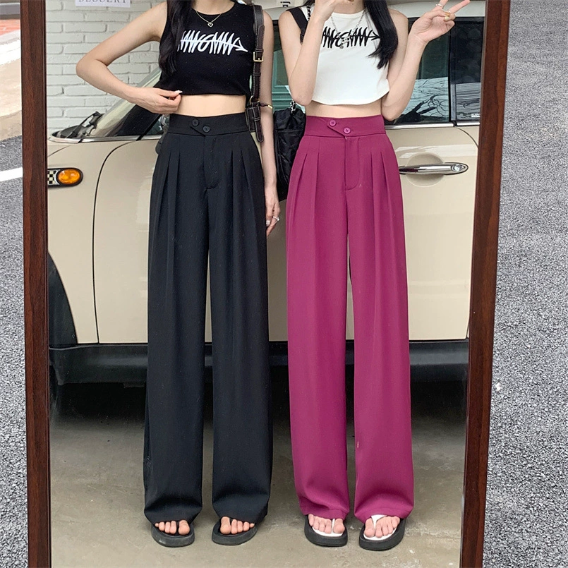 High-Waist Wide-Leg Trousers, Women's Korean Straight Fit, Loose Tailored Design, Black/Khaki/White