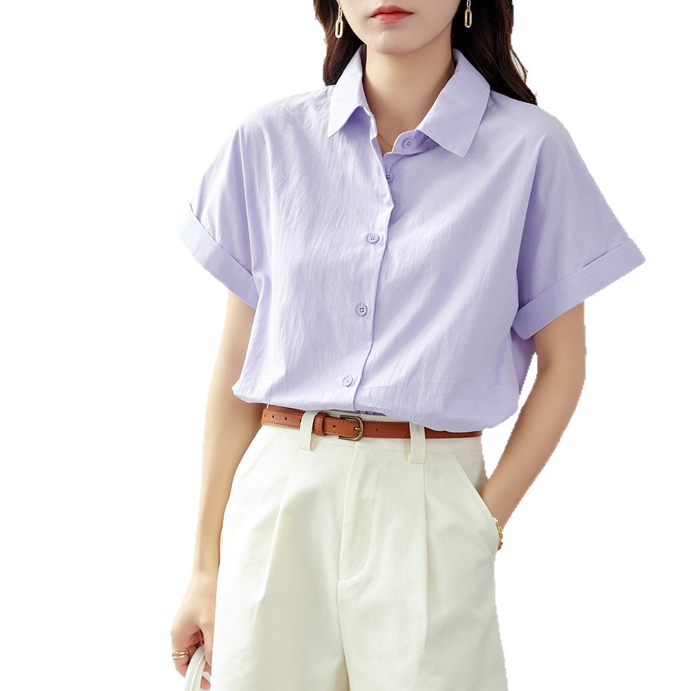 Áo sơ mi nữ ngắn tay cổ bẻ trơn màu xanh lam mỏng nhẹ mùa hè — Màu xanh lam