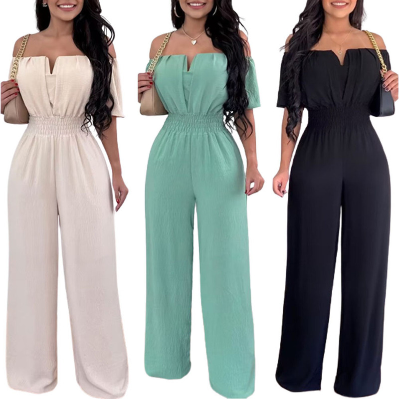 2023 European and American cross-border Amazon off-neck tight waist loose straight jumpsuit women's V-neck versatile work pants 2023 European and American cross-border Amazon off-neck tight waist loose straight jumpsuit women's V-neck versatile work pants