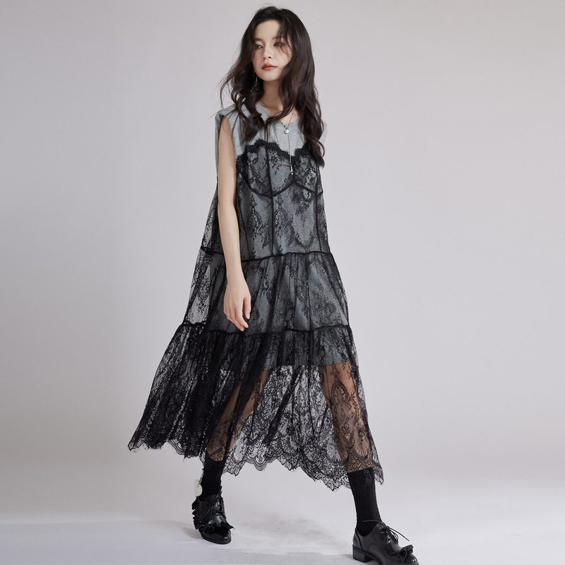 Niche Design Round Neck Stitching Lace Mesh dress Loose Slim Fake Two-Piece Round Neck Sleeveless Voret Dress for Summer Niche Design Round Neck Stitching Lace Mesh dress Loose Slim Fake Two-Piece Round Neck Sleeveless Voret Dress for Summer