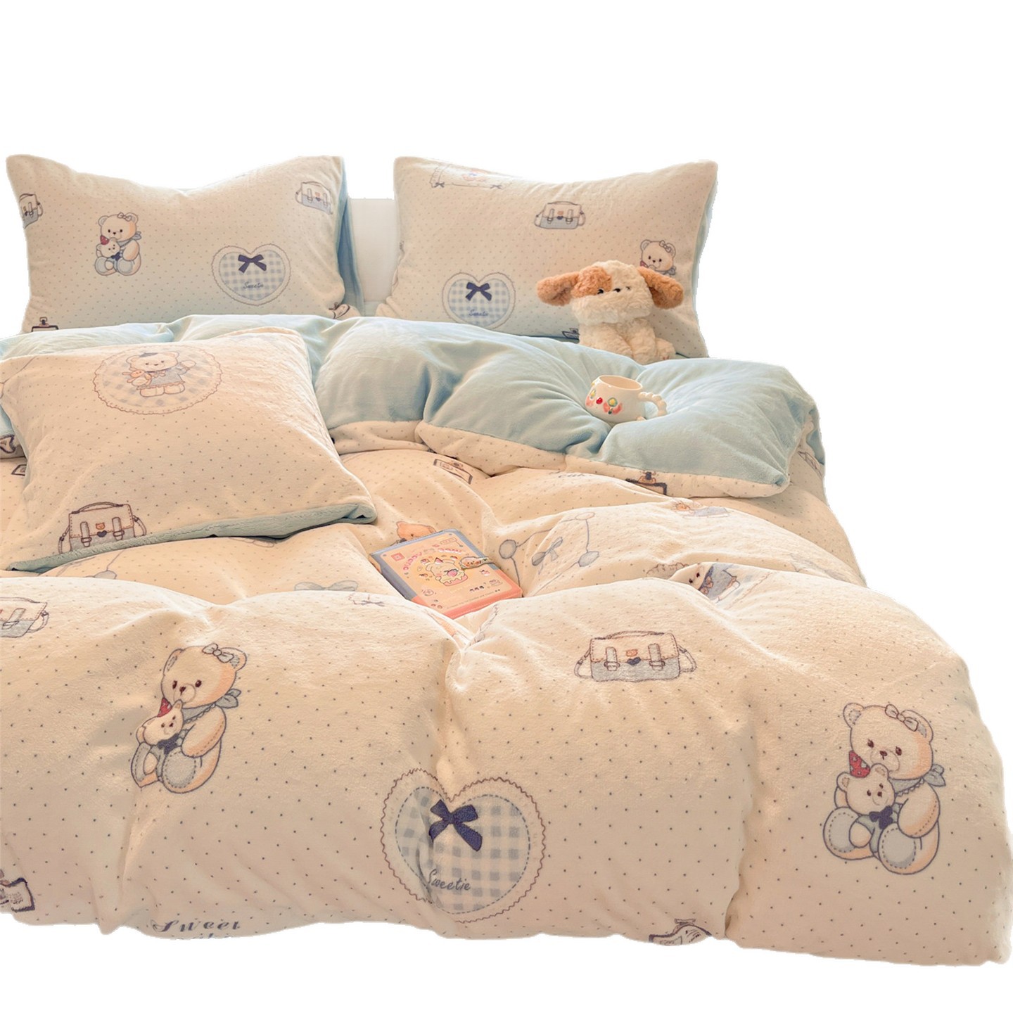 Leche cama de terciopelo conjunto de cuatro piezas 2025 nuevo coral terciopelo dormitorio cama de dibujos animados conjunto de tres piezas invierno terciopelo grueso