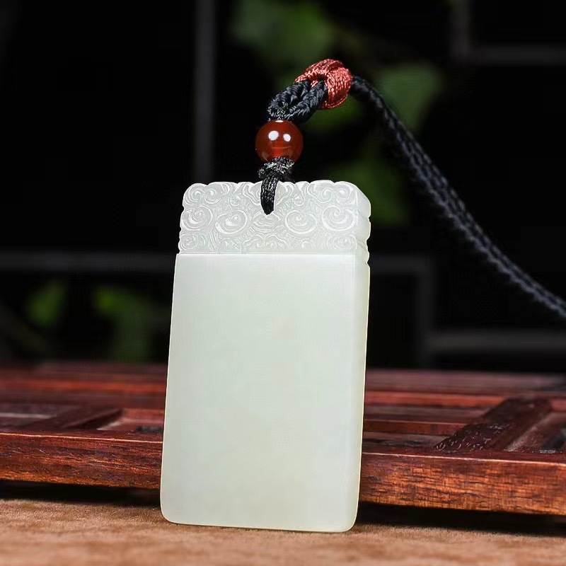 天然新疆和田玉平安无事牌吊坠 青白玉祥云如意牌子男士女款挂件