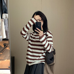 Hers一勺甜韩系简约风复古条纹慵懒风休闲显瘦圆领长袖T恤女92319