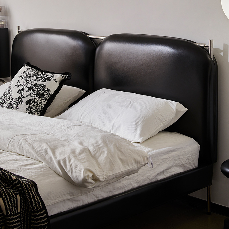 Hengwo cama de cuero negro de piel de vaca de la primera capa 2024 nueva cama Bauhaus cama principal cama de estilo antiguo cama de envoltura suave