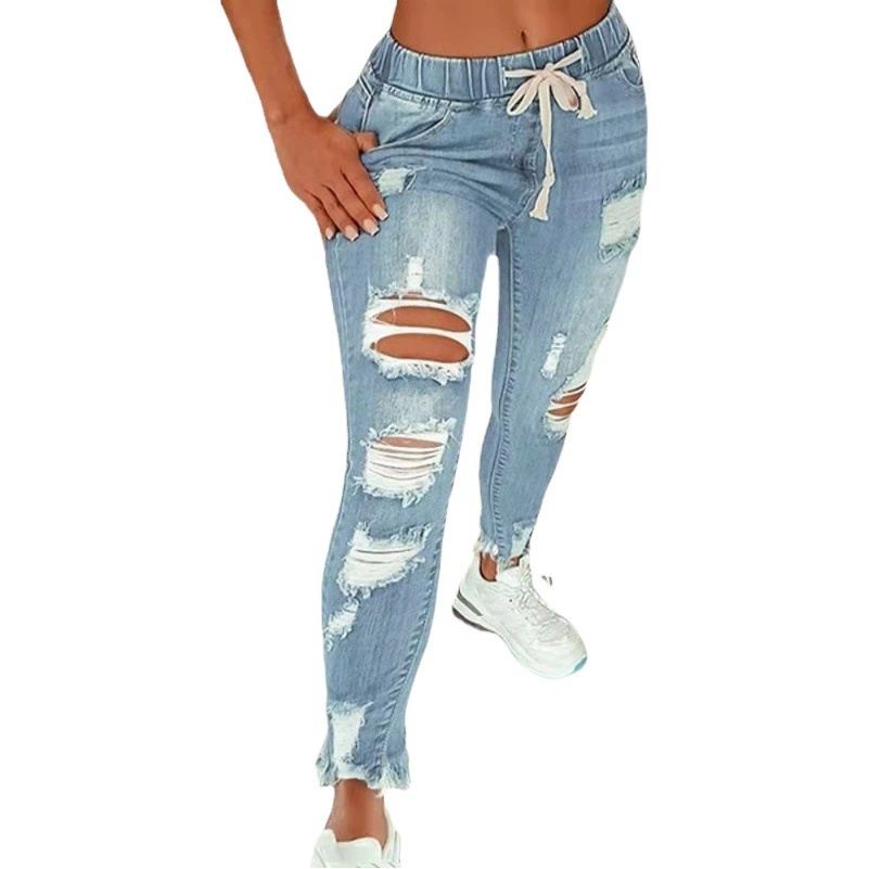 2023 Amazon AliExpress трансграничные европейские и американские женские джинсы с эластичной талией, рваные узкие брюки на шнуровке с высокой талией