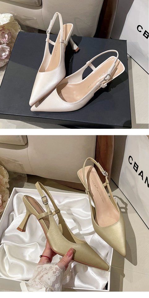 Giày sandal nữ bít mũi mũi nhọn gót mảnh quai ngang, gót 6–8 cm — Màu nâu, Màu trắng be, Màu vàng nhạt chi tiết 14