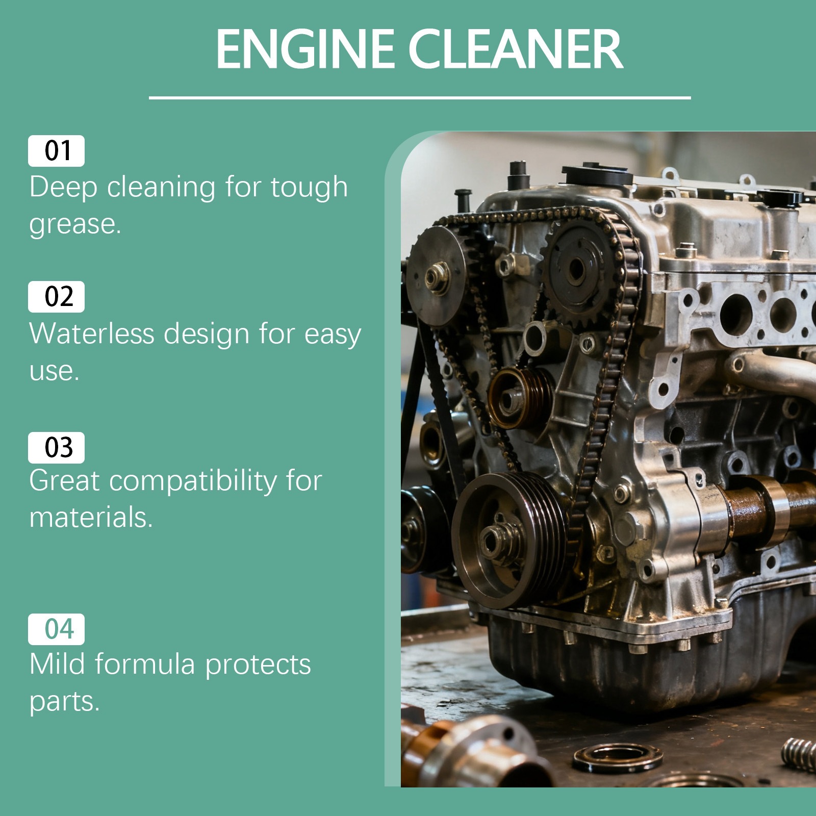 Engine cleaner for cleaning and refurbishing oil stains and carbon deposits on the surface of the car engine compartment, as well as for daily maintenance