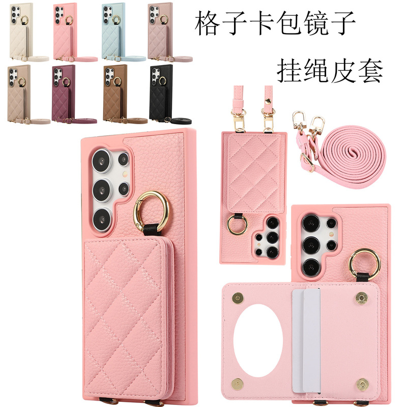 Suitable for Samsung S23 S24Fe S25Ultra Pebbled Mirror All-Inclusive Leather Case Lanyard Flip Phone Case