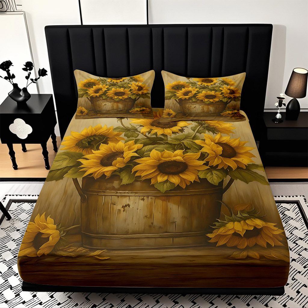 Comercio exterior transfronterizo textil doméstico patrón de girasol impresión digital 3D cama de molienda de tres piezas JIT modelo Temu