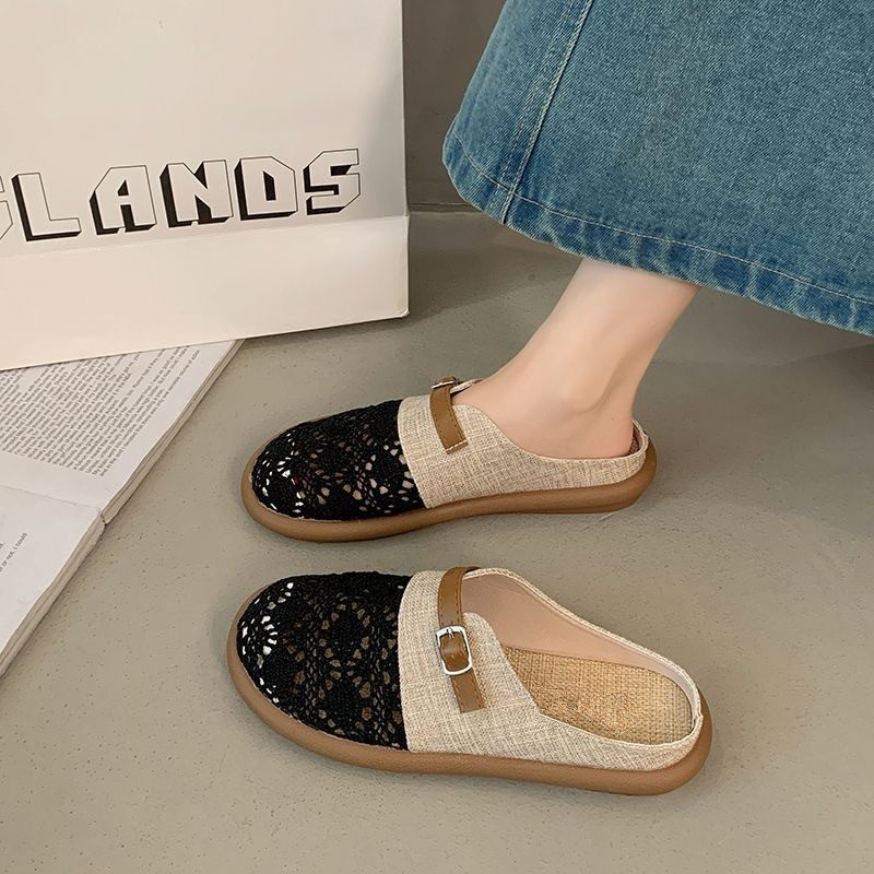 Dép lê nữ bít mũi vải lanh thêu hoa nhí, đế bằng gót thấp 1–3 cm, kiểu xỏ chân thoáng khí — Dép lê nữ S3 - màu be [hộp], Dép lê nữ S3 - màu đen [hộp]