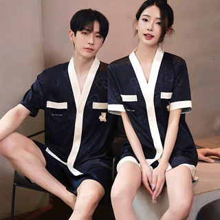 情侣睡衣春秋季女冰丝条纹长袖丝绸套装黑色高级感家居服男