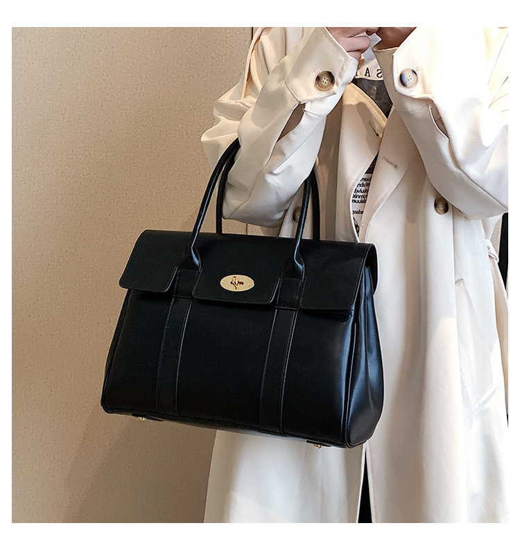 Pu Leather Lining Material Women's Large Pu Leather Solid Color Elegant Vintage Style Square Lock Clasp Tote Bag