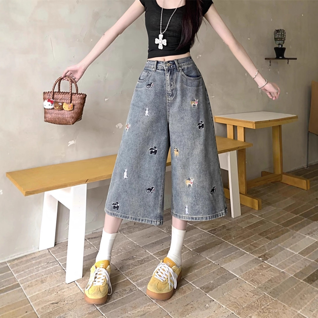 Dog Embroidered Denim Shorts Men's Summer Loose American High Street Pants Trendy Brand Handsome Retro Design Cropped Pants