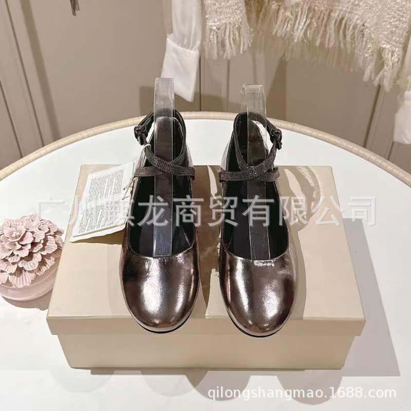 高端品质2025新款真皮圆头浅口平底手工串珠脚腕扣带芭蕾舞鞋单鞋|undefined