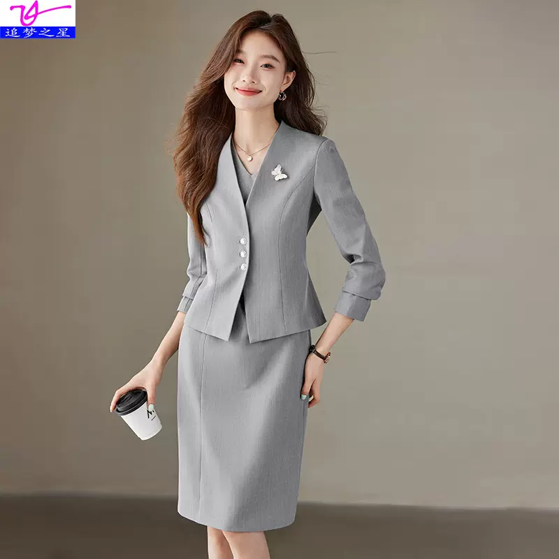 灰色职业西装套装女22024新款高级感面试正装西服套装连衣裙两件