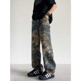 Men's Jeans跨境迷彩牛仔裤男宽松直筒印花潮牌西海岸嘻哈长裤子