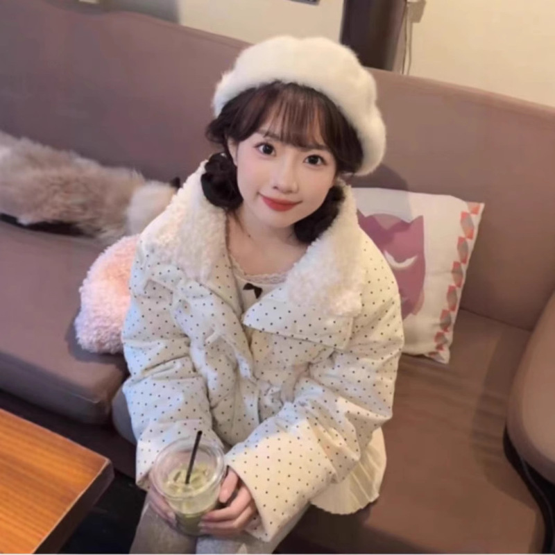 韩系甜美风波点毛领羽绒棉服外套女秋冬季宽松加厚保暖短款面包服|undefined