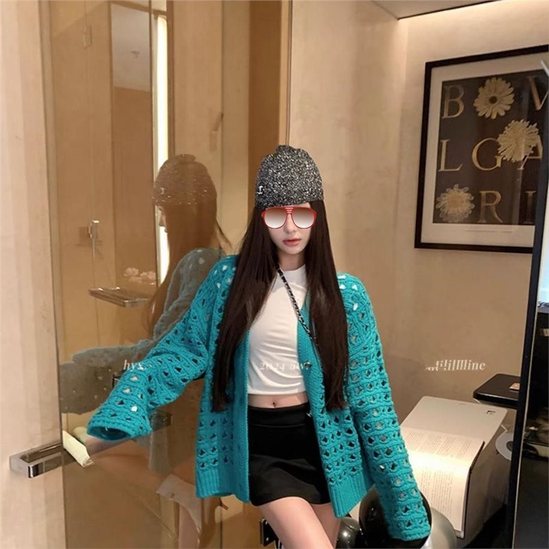 镂空针织衫女春秋款慵懒风宽松毛衣外套黄色上衣多巴胺洋气开衫潮|undefined