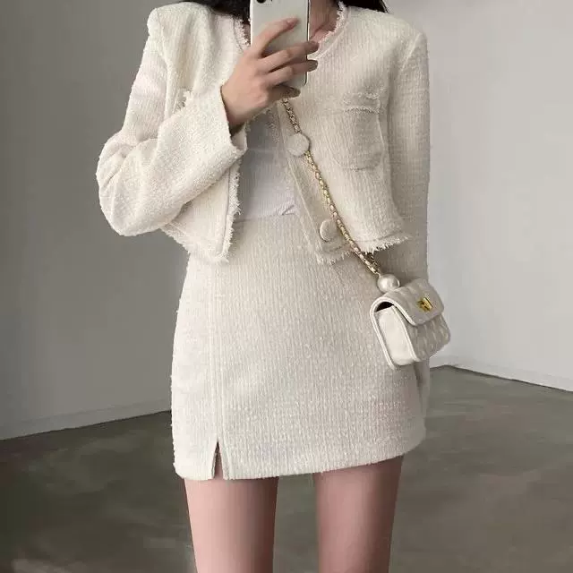 Южная Корея шикарный осенний Новый твидовый пальто с круглым вырезом и длинными рукавами + юбка-трапеция юбка маленький ароматный стильный костюм