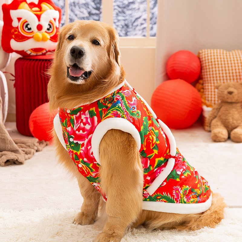 Otoño y invierno perros de tamaño mediano y grande cabello dorado perros de estilo nacional noreste chaqueta de algodón de flores perros de Año Nuevo ropa de perros de mascotas