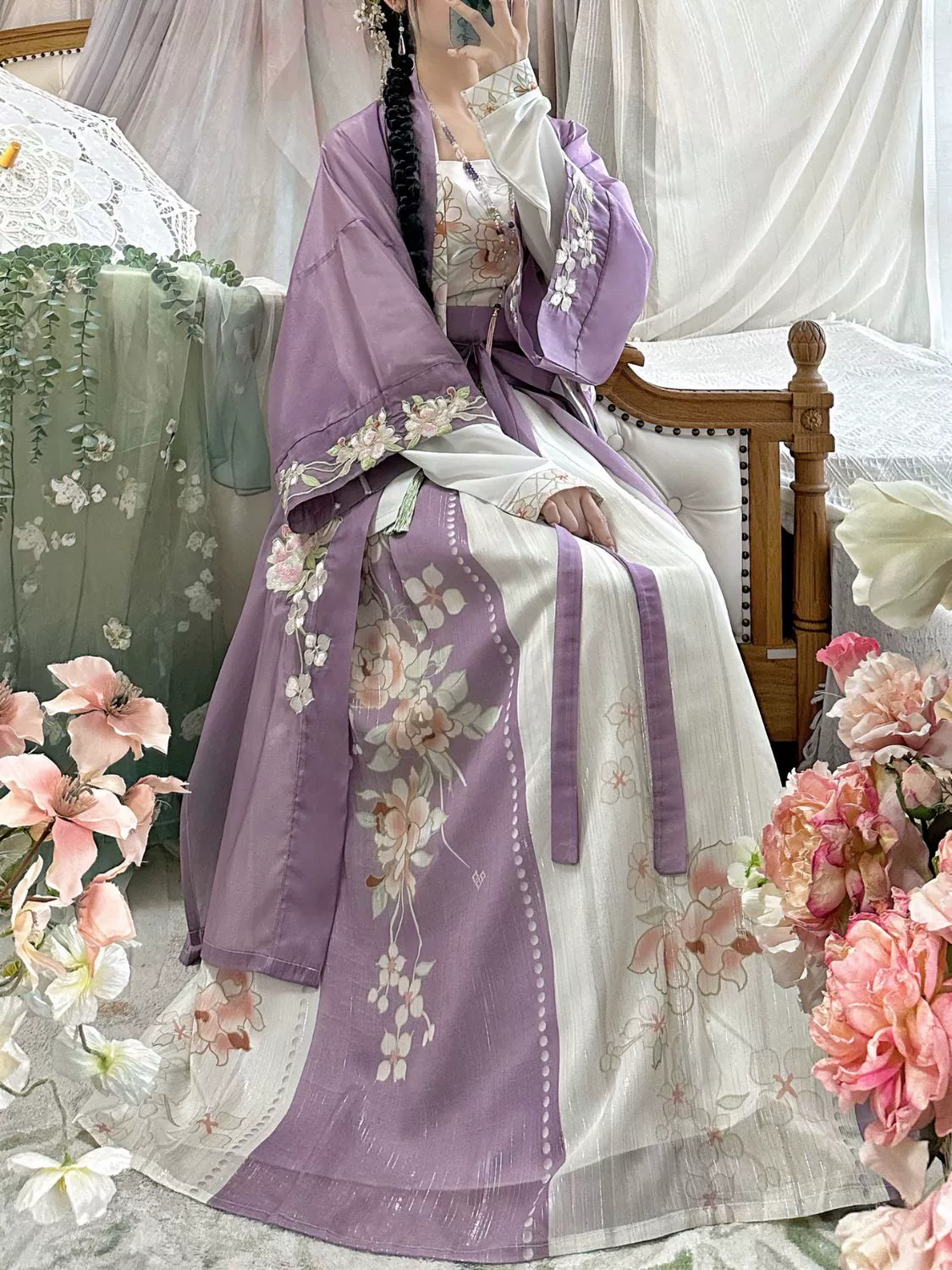 Chuncha Ji Original [Xia Yuhuo] Женская длинная рубашка с тяжелой вышивкой в ​​стиле Ханфу династии Сун и плиссированной юбкой длиной до талии на весну и лето.